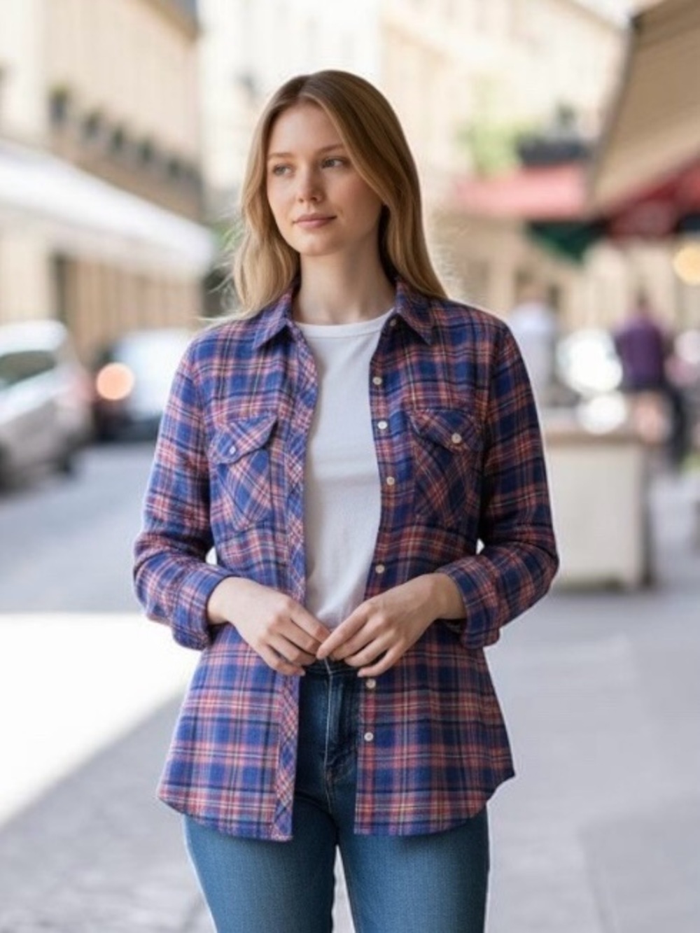 J Crew Long-Sleeve Plaid Button-Down Shirt EUC Blue/Pink Sz 6